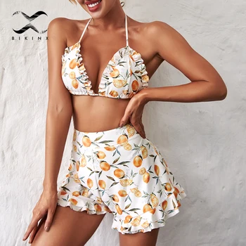 

Floral print swimsuit female two piece Triangle bikinis 2020 mujer Halter biquini High waist bathing suit Ruffle swimwear women