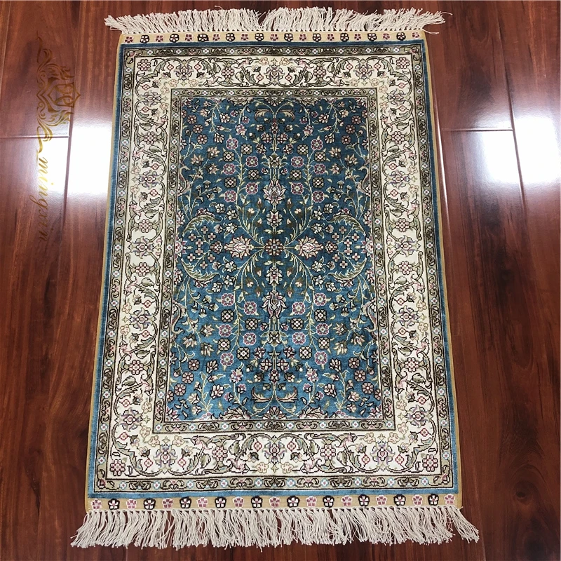 2'X3' Синий Шелковый ковер для спальни ручной работы классический ковер для спальни