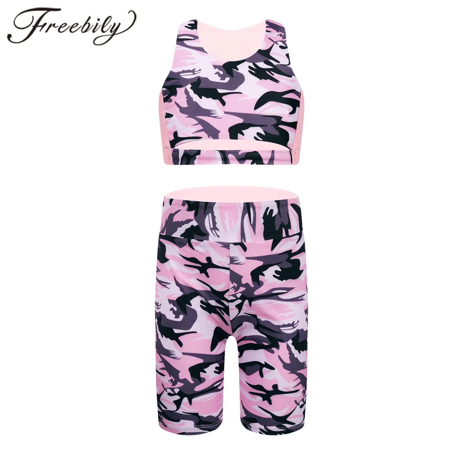 

Camouflage Tracksuit Kids Girls Sport Clothes Yoga Set Y-shape Back Crop Top with Shorts Childs Printed Gymnastic Sport Suit
