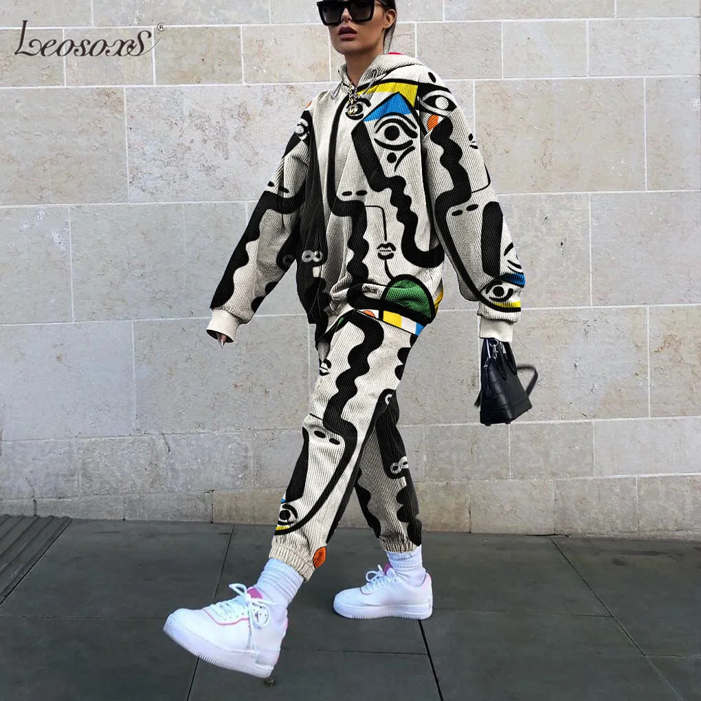 

2 Piece Set Women Tracksuit New Fun Printing Design Thin Sweatshirt Pants Suit Autumn Tops Loose Casual Girls Plus Size 3XL