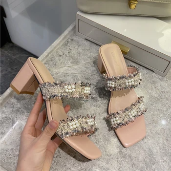 

2020 Summer New Sweet Women Pearl White Pink Heels Slippers Mules Open Toe Slides Designer Thick High Heels Slippers Party Shoes