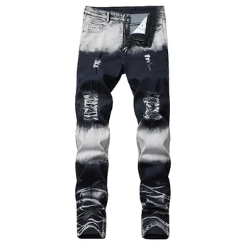 

Ripped Mid Waist Straight Jeans Hole Cowboy Pants Man Jeans For Men Denim Skinny Male Trousers Calca Jeans Masculina