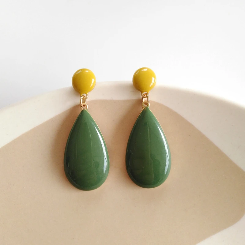 Alloy Geometric Water Drop Forest Fresh Green Stone Clip Earrings For