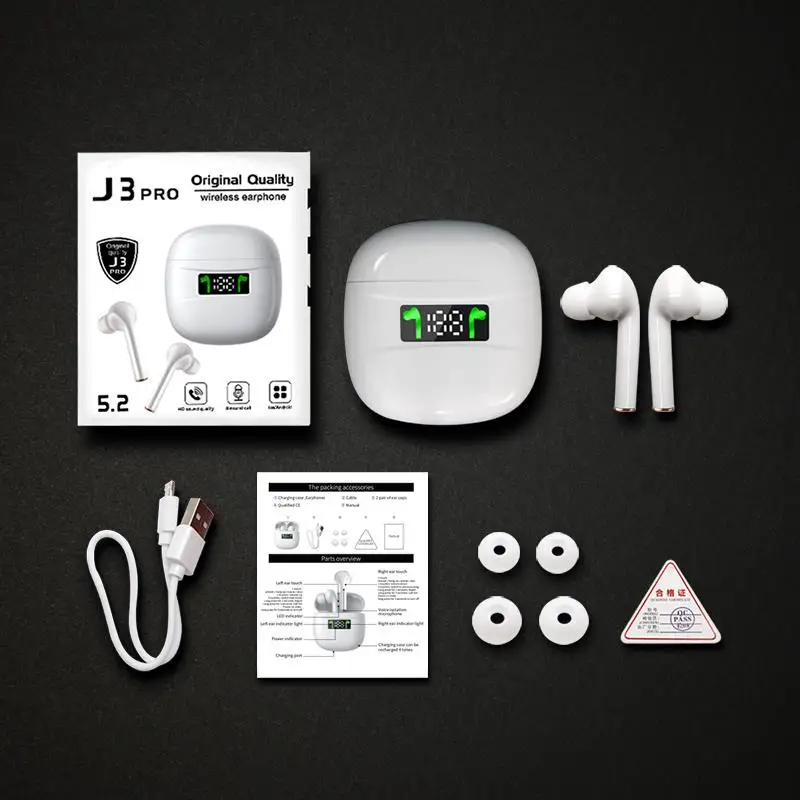 2020 New J3 Pro TWS Wireless Bluetooth Earphone Sport Headset Touch Control Bluetooth 5 2 LED Display Earphone For Phone