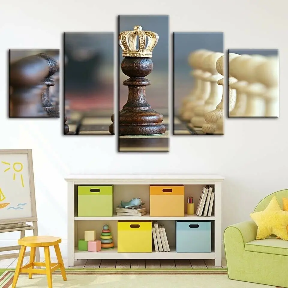 

Chess Board Game Figures Crown 5 Panel Modular Paintings HD Prints Posters Canvas Wall Art Pictures For Living Room Home Decor
