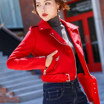 

Women Faux Suede Jacket Fashion Rivet Belt Zipper Female Short Motorcycle Coat 2020 Autumn Women's Slim Biker Jackets Outerwear