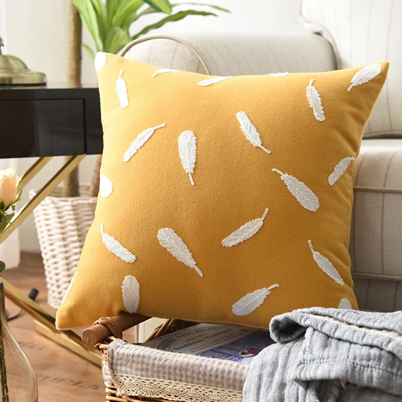 

Nordic Fashion Pillow Cover Yellow Feather Embroidery Velvet Throw Cushion Cover Living Room Sofa Bedside Art Soft Home Decor