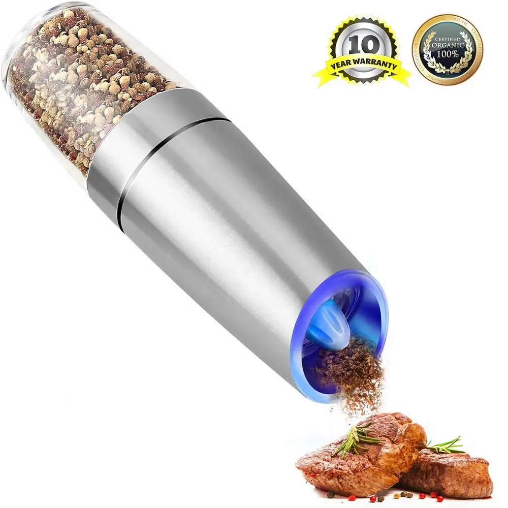 

Gravity Electric Salt and Pepper Grinder Set with Adjustable Coarseness Battery Powered Pepper and Salt Mill with Blue LED Light