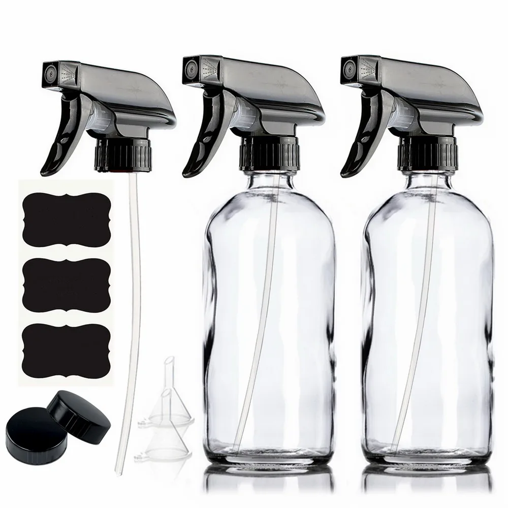 

2pcs 500ml Clear Glass Spray Bottles 16oz Empty Refillable Mist Stream Trigger Sprayer Containers for Essential Oils Cleaning