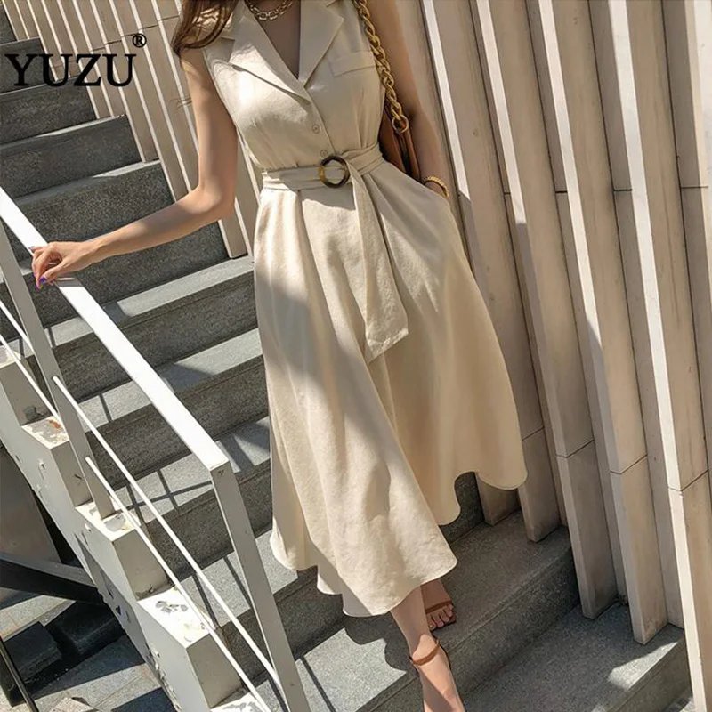 

Vintage A-line Solid Sleeveless Dress With Belt Hepburn Style Office Work Turn-down Collar Summer Mid-calf Apricot Black Dresses