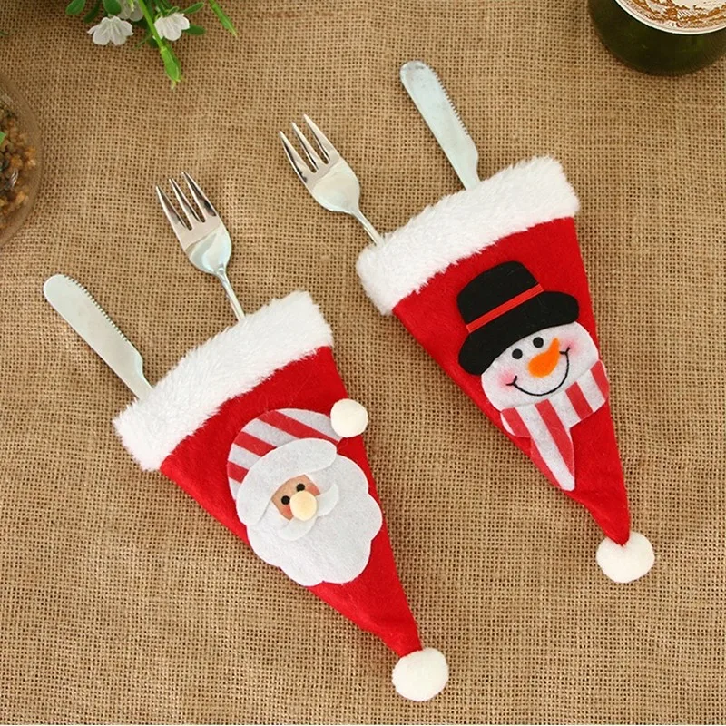 

3pcs Christmas Topper Decorations Ornament Tableware Stickers Small Hat Knife &Fork Decoration Christmas Table Layout Supplies