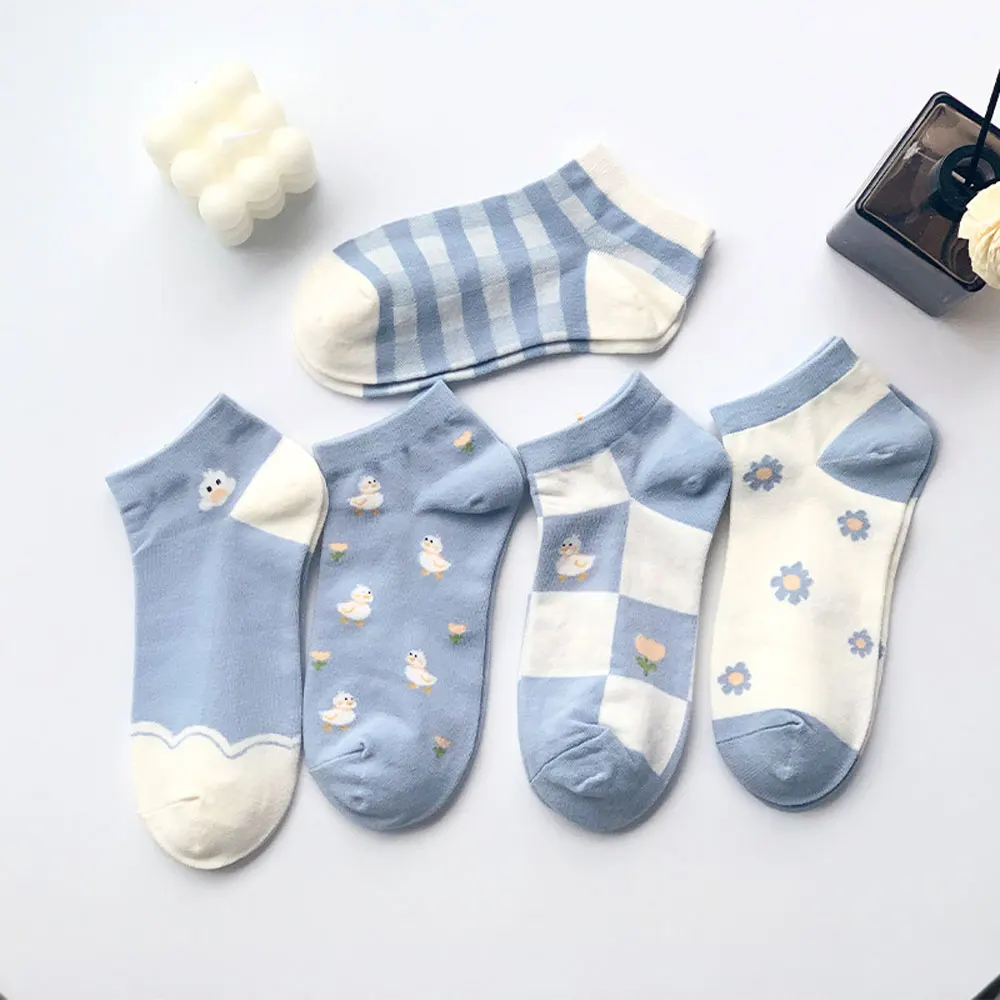 Kawaii Women Short Socks Cotton Checkered Cartoon Ankle White Cute Duck Summer Trendy Korean style ​1 Pair | Женская одежда