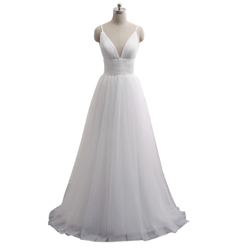 Beauty-Emily Sexy V-Neck Sling Evening Dress Long Tulle White Formal Dress Strapless Open Back Prom Gowns vestido de festa