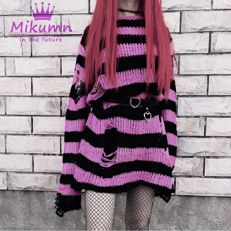 Grunge gótico rayas suéter de punto de Mujer jerséis largos sueltos delgada Punk suéteres sudaderas Mujer Jersey ropa de calle Chic