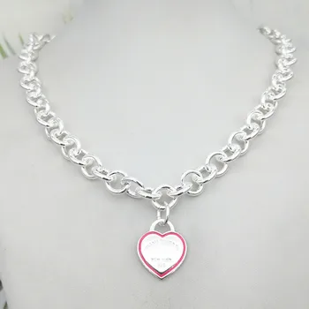 

Ladies S925 Sterling Silver Classic Heart-shaped Pink Red Enamel Silver Necklace Pendant Couple Jewelry Holiday Gift