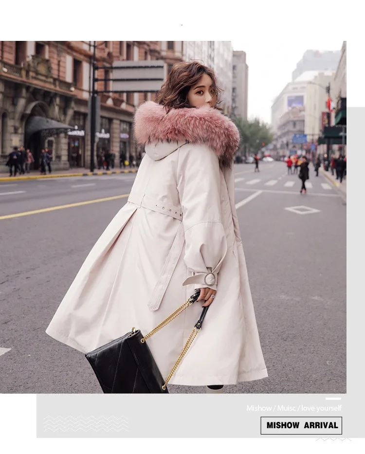 Winter Mid-length over-the-Knee Hooded Thick down Jacket Korean-style Waist Hugging Lace-up Loose-Fit Down Jacket Women's