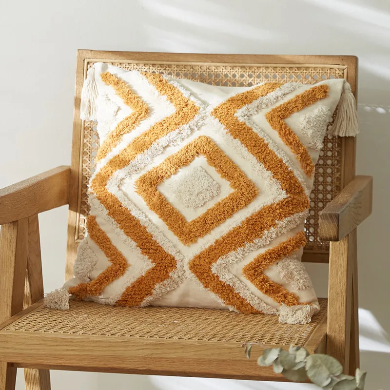 Brown Beige Embroidery Cushion Cover Tassels Home Decor Pillow
