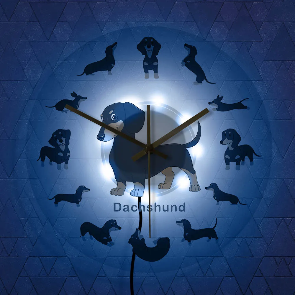 With LED Cartoon Dachshund Sausage Dog Printed Wall Clock Wiener Puppy Animal Pets Wall Light Canine Vets Gifts Nursery Decorative Clock - Цвет абажура: With LED
