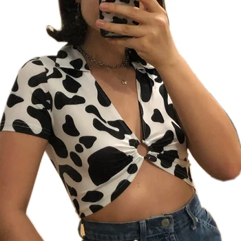 

Fashion Women Summer T-shirt Tops Sexy Short Sleeve Deep V Neck Cow Striped Printed Casual Tops T-shirts