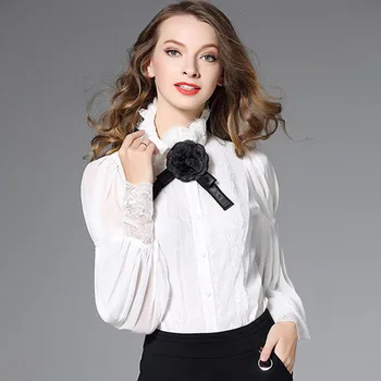 

Slim White Women One-piece Shirt Luxury Court Style Ruffle Lace Female One Piece White Blouse Spring Summer Elegant Work Clothes