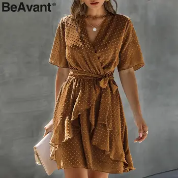 

BeAvant Boho Polka Dot Wrap Dresses Women 2020 Summer Short Sleeve Ruffles Short Dress Boho Female V Neck Sexy Dress Vestidos