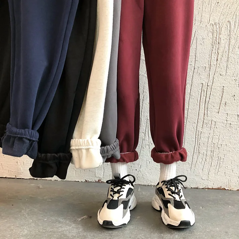 Женские брюки больших размеров, черные уличные брюки с вышивкой, 5 цветов, брюки с высокой талией, женские утепленные брюки в Корейском стиле, сохраняющие тепло, на завязках