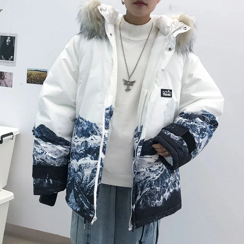 Men's Winter Cotton-Padded Jacket Thicken Coat Warm Outwear With Removerable Fur Hood Mountain Printed Loose Coat Plus Size 5XL