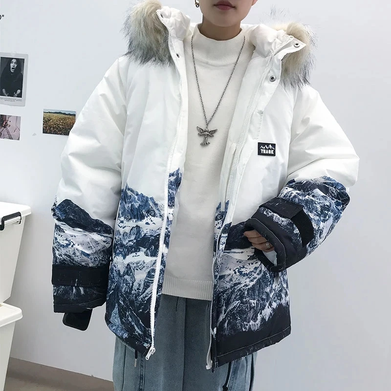 

Men's Winter Cotton-Padded Jacket Thicken Coat Warm Outwear With Removerable Fur Hood Mountain Printed Loose Coat Plus Size 5XL