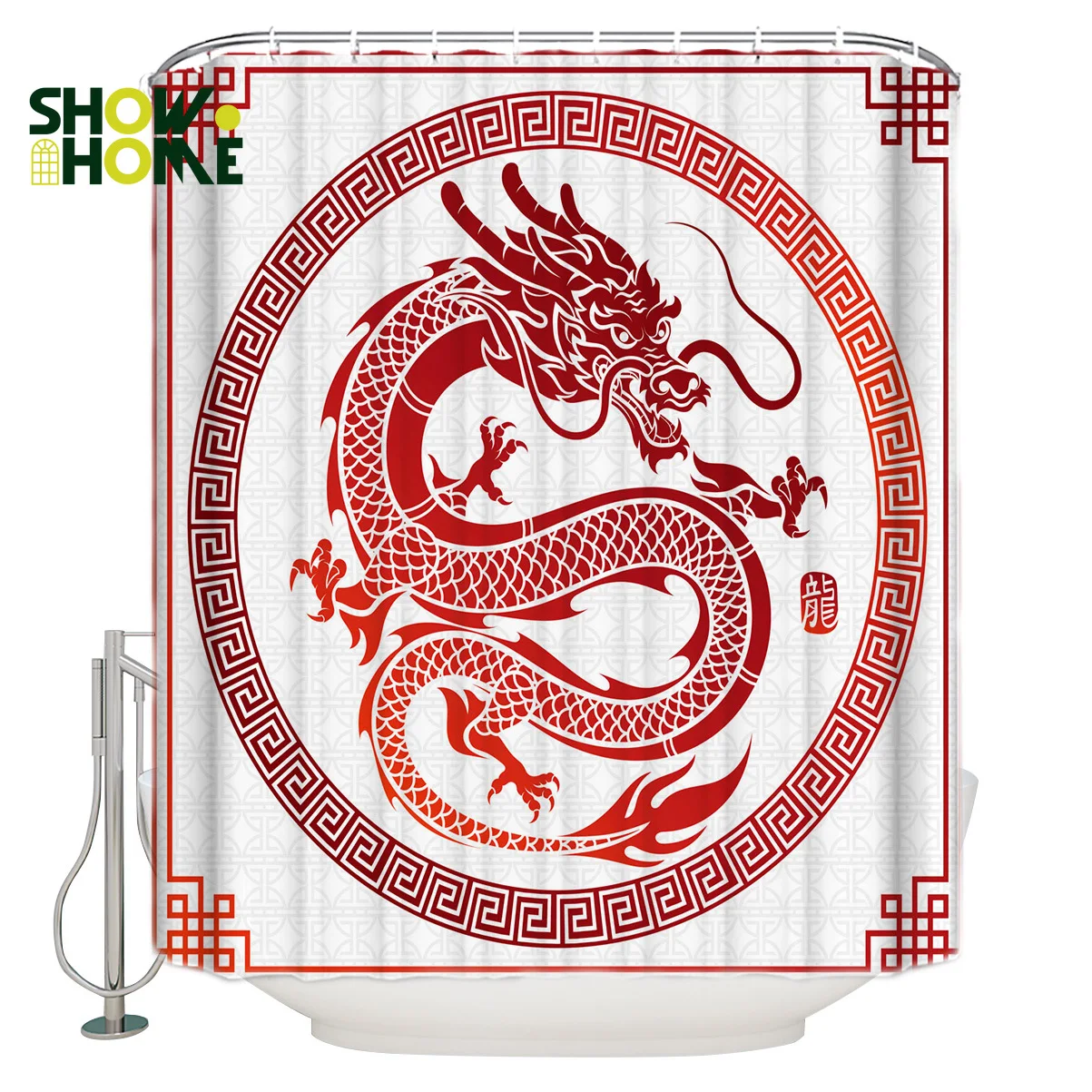 SHOWHOME занавеска для душа дракон красный узор восточный орнамент традиционный