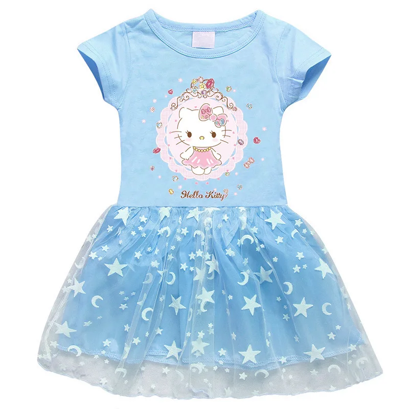 thumbnail image 1 of Ropa para niños de Hello Kitty, falda de princesa a la moda de algodón puro, vestido plisado de manga corta con estampado de dibujos animados para niñas, 1 of 5