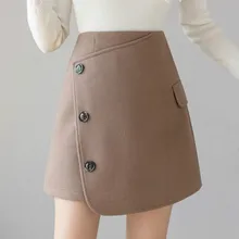 Новая осенне-зимняя женская шерстяная юбка корейский стиль однобортная мини-юбка с завышенной талией черная/хаки Женская шерстяная юбка