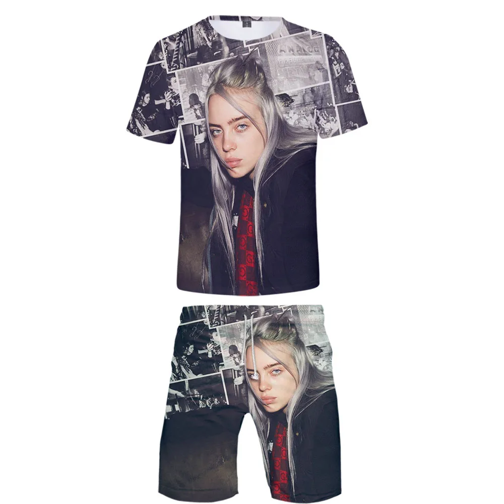 Billie Eilish/комплект из двух предметов с 3D принтом, летний популярный комплект из 2 предметов в стиле хип-хоп, модный спортивный костюм, футболка с высокой посадкой+ короткие штаны, комплекты