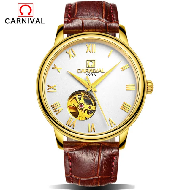 KARNEVAL myanner Mechanische Uhr GroE Dial luxusmarkengeschyaft mjanner Leder Uhren Uhr Armbanduhren Relogio Masculino Reloj - Цвет: Gold and white