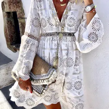 

Beach Cape Cover Up Dress For Summer 2020 Dresses Autumn Lace Pure Color Long Sleeve Embroidered Beach Tunic