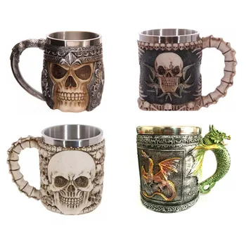 

3D Skull Mugs Coffee Mug 5 Design Creative Double Wall Stainless SteelSkull Knight Tankard Dragon Drinking Cup Canecas Copo