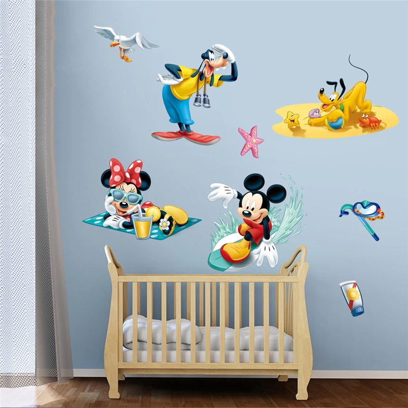 Disney Mickey Minnie Mouse Goofy Pluto Wall Stickers For Kids Rooms Home Decor Cartoon Wall Decals PVC Mural Art DIY Decoration