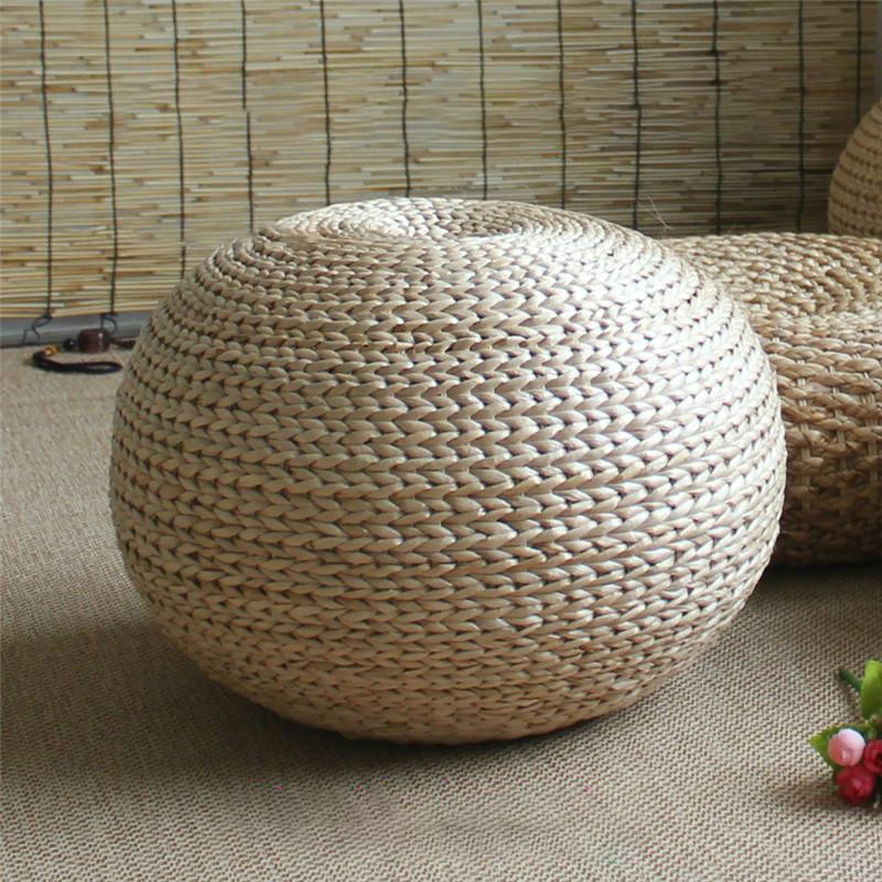 

Japanese Style Natural Straw Stool Sitting Seat Living Room Spherical Round Stool Rattan Cushion Natural Hand Woven Foot Stool