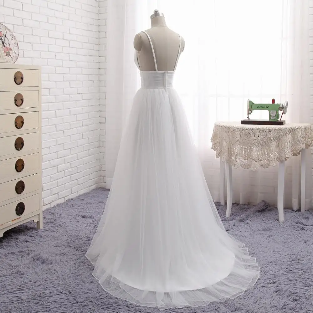 Beauty-Emily Sexy V-Neck Sling Evening Dress Long Tulle White Formal Dress Strapless Open Back Prom Gowns vestido de festa