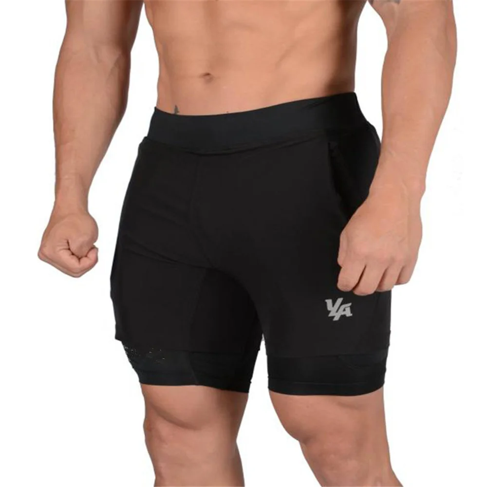 Muscle fitness basketball men's 2 in 1 short pants double fake two quick - dry running shorts Male mesh patchwork casual pants