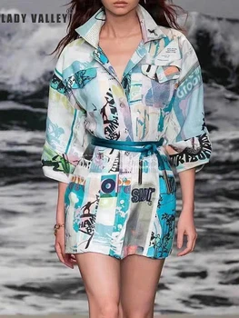 

Free shipping catwalk lace retro print graffiti pattern linen dress ladies summer new loose fashion personality