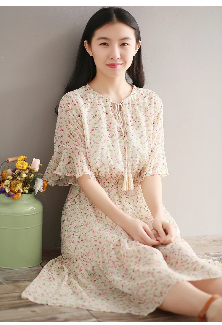 New Robe Femme Summer Chiffon Dress Women Lace Up Butterfly Sleeve Elbise Floral Printed Female Dresses Vestidos De Festa QV775