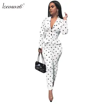 

2020 New Spring Fall Women's Formal Two Pieces Set Women Polka Dot V-Neck Ruffles Hem Tight Waist Blazer Coat & Pencil Pant Sets