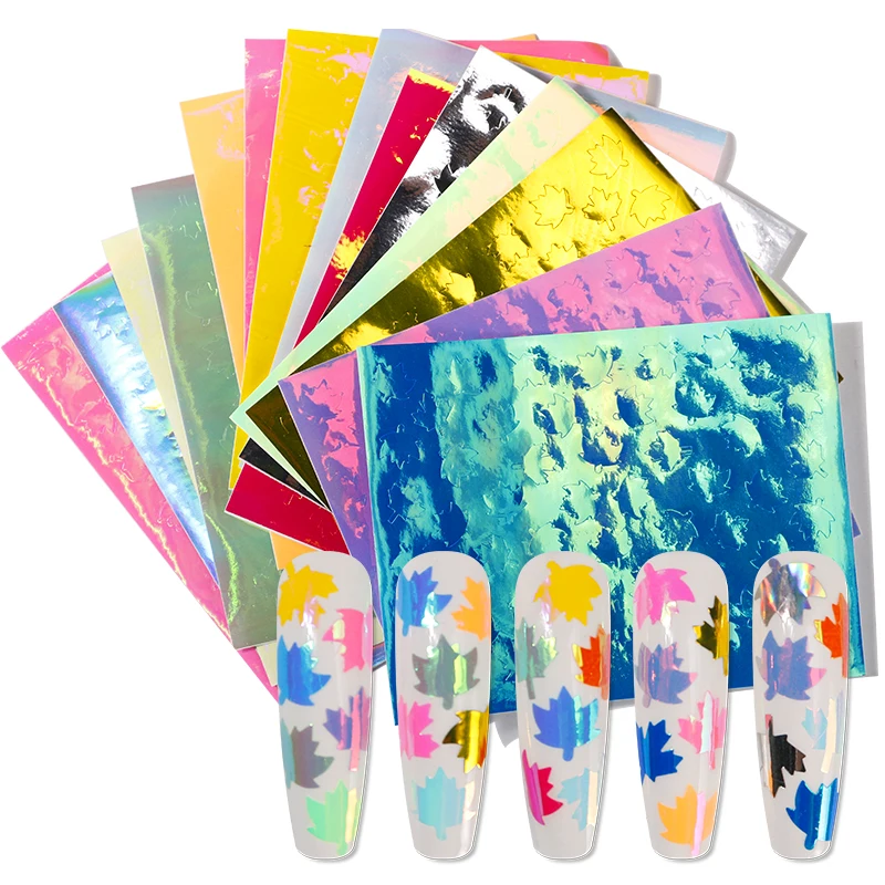 

16PCS (Maple Leaf, Snowflake, Flame )Shape Nail art Sticker 16 Colors Sticky-Holographic Laser Color Sticker Nail 3D Sticker