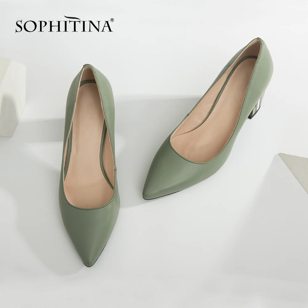 US $34.53 Sophitina Brand Pumps Genuine Leather Fashion High Square Heels Pointed Toe Working Spring Shoes Handmade Sheepskin Pumps A84