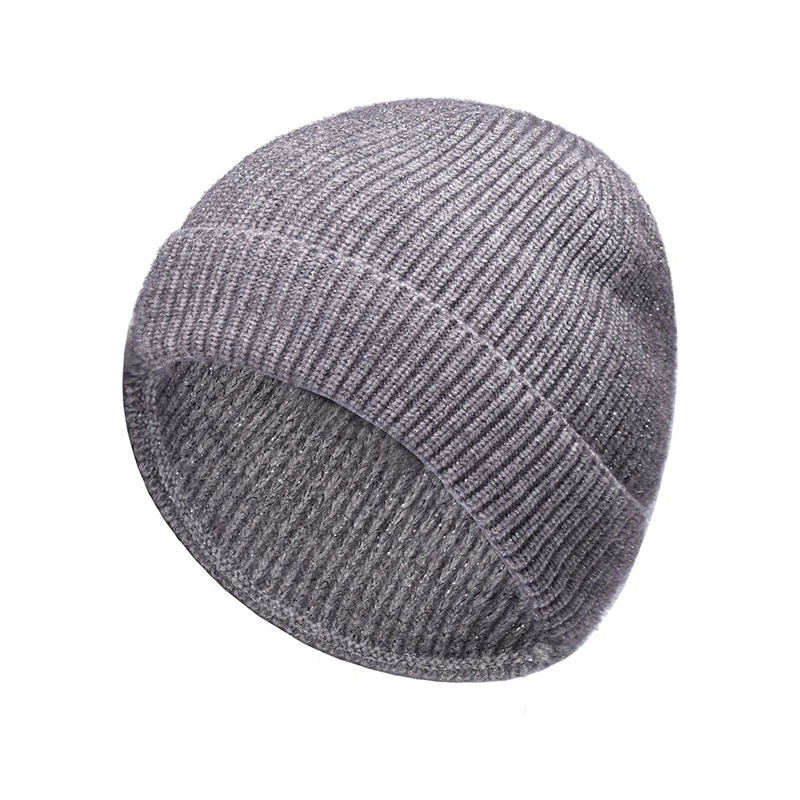 Зимние вязаные теплые шапки Skullies для женщин, кашемировая вязаная шапка бини, Женская шерстяная пушистая подкладка, Посеребренная пряжа