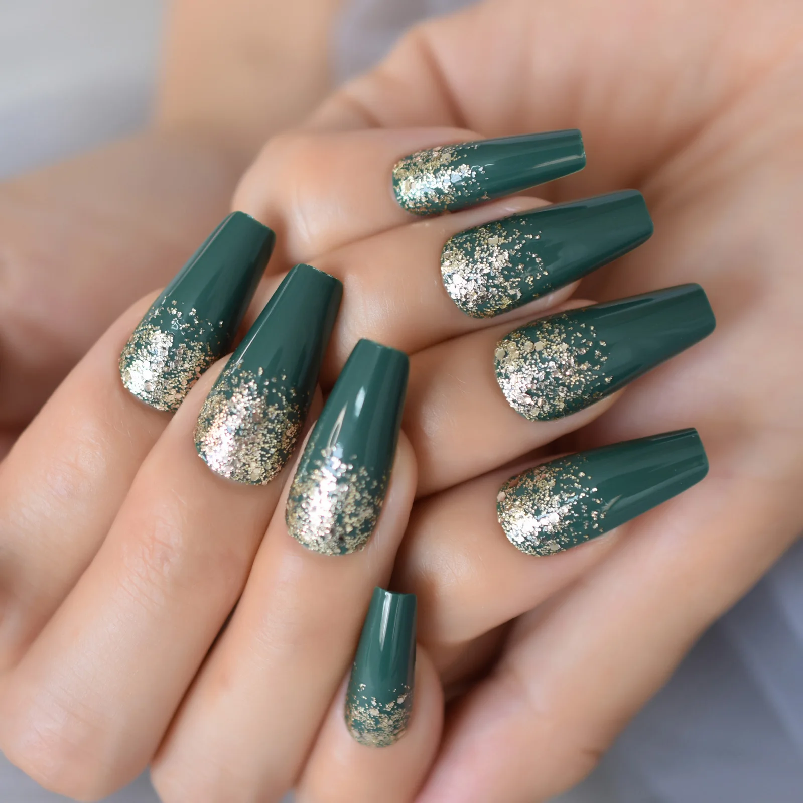 Gold Glitter Press On False Nails Dark Green Fake Nails Full Cover Coffin  Ballerina Medium Length Acrylic Nails Tips Finger Care - False Nails -  AliExpress