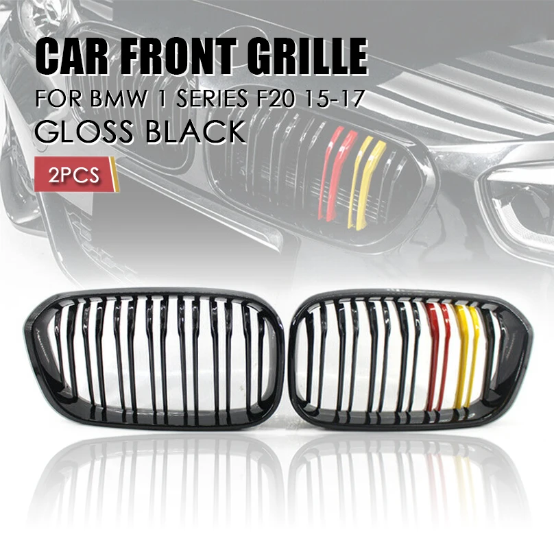 

For BMW F20 F21 1 Series 2015 2016 2017 Pair Gloss Black Double Slat Line Front Racing Grill Kidney Grill Grille