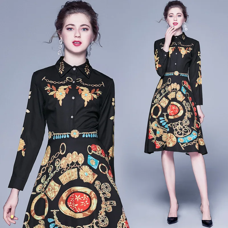 

1064 Ozhouzhan Autumn New Style Europe And America Women's Dress Printed Debutante Elegant Waist Hugging Dress