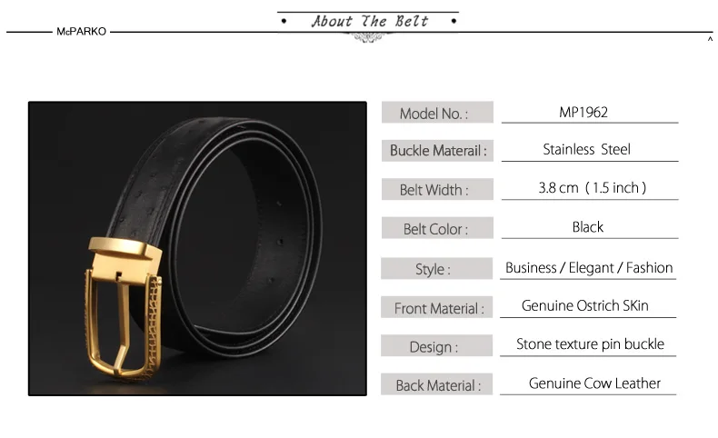 McParko натуральная страусиная кожа ремень мужские роскошные брендовые поясные ремни для мужчин Благородные Золотые из нержавеющей стали с пряжкой ремни для брюк