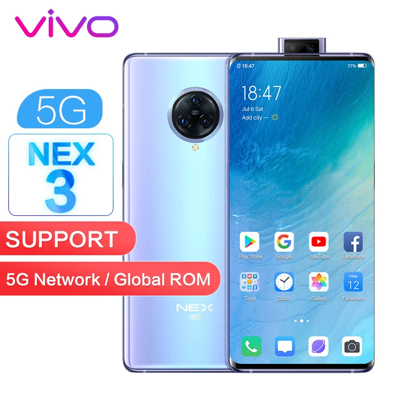 Vivo Nex 3 5G версия глобальная ПЗУ NFC 8 Гб 256 Смартфон Snapdragon 855 64MP + 13MP 6 89 &quot1080x2256 P полный
